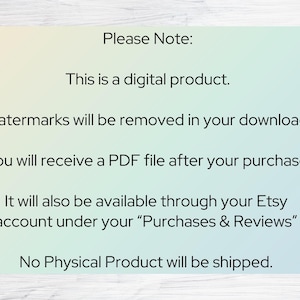 May include: A digital product notice on a gradient background. Text includes: "This is a digital product. Watermarks will be removed. You will receive a PDF file after your purchase. No Physical Product will be shipped."
