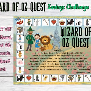 May include: A colorful game board titled "Wizard of Oz Quest" with illustrations of characters and items from the story. The board includes text and instructions for a savings challenge game. The board measures 8.5" x 11".