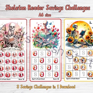 May include: Three A6-sized savings challenges featuring skeleton illustrations reading books. Each card has a different floral theme: pink flowers, red tulips, and sunflowers. The cards include the text "Oops I bought another book" and "April's Fresh Start".