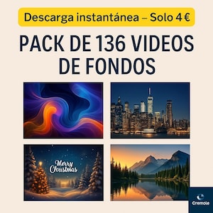 Puede incluir: Anuncio de un pack de 136 vídeos de fondos. La imagen incluye cuatro fondos de muestra: un diseño abstracto con tonos naranja y azul, un paisaje urbano nocturno, una escena invernal con un árbol de Navidad y un paisaje montañoso con un lago. El texto incluye "Descarga instantánea" y "Merry Christmas".