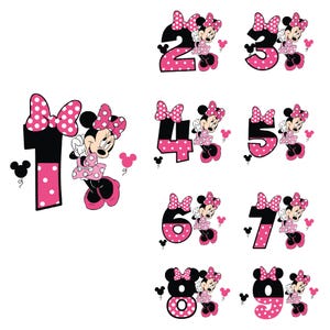 Mickey Minnie Numer Czcionki Svg Pakiet Warstwowy Element, Clipart, Cyfrowy Cricut Wektor Cięcia Pliku, Svg, Png, Minnie Urodziny Svg, Minnie Numer