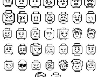 May include: A set of 40 black and white illustrations of Lego minifigure heads with different expressions. The minifigure heads are all in the same style, with a simple outline and no details. The expressions include happy, sad, angry, surprised, and more.
