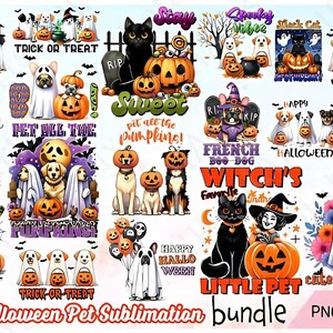以下が含まれることがあります： ハロウィーンのペット用サブリメーションデザイン12点のデジタルダウンロード。さまざまなペットがコスチュームを着て、カボチャを持っています。デザインには、「トリックオアトリート」、「スプーキーシーズン」、「レッツゲッツプーキー」、「ハッピーハロウィーン」、「ウィッチズフェイバリット」、「キュートだけど不気味」、「フレンチブー犬」などのフレーズが含まれています。