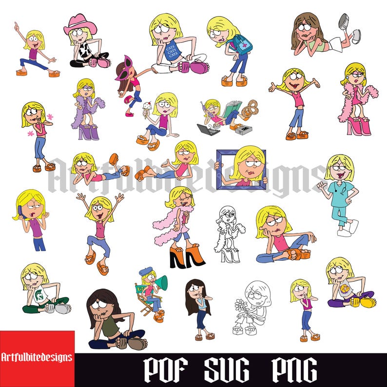 May include: A set of 25 cartoon illustrations featuring a girl character in various poses and outfits. The illustrations are in a colourful, hand-drawn style and include a variety of accessories and props.