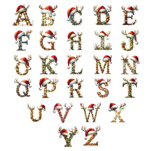 Puede incluir: Un alfabeto navideño con cada letra decorada con una cabeza de reno, un gorro de Papá Noel y luces parpadeantes.