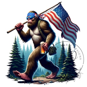 May include: A cartoon illustration of Bigfoot wearing a red, white, and blue bandana and sunglasses, carrying an American flag and a beer, walking through a forest.