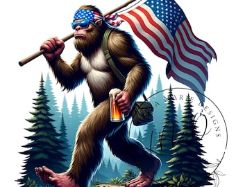 Diseño digital de Pie Grande patriótico con bandera, PNG y JPG, arte de Sasquatch de EE. UU., gráfico de bosque americano, impresión de camiseta del 4 de julio