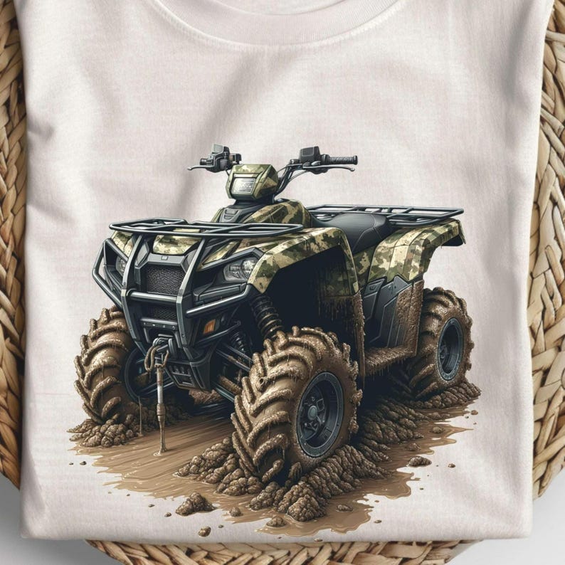 May include: A camouflage-patterned ATV is stuck in mud. The ATV has a black frame and large tires. The ATV is in a muddy area with brown dirt and water.