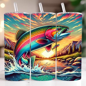 Rainbow Trout Tumbler Wrap, Trout Sunset Sublimation PNG Digital Download, 20oz Skinny Straight Tumbler Wrap JPG Fishing Cup Trout Fishing