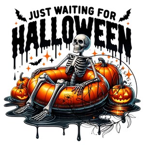 May include: A skeleton wearing a pumpkin-shaped inflatable ring, with the text "Just Waiting for Halloween" above. The skeleton is sitting in a pool of black liquid with dripping edges. There are three pumpkins in the pool, one of which is carved with a jack-o'-lantern face.