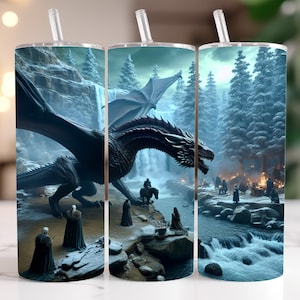 May include: A sublimation design featuring a black dragon with a red underbelly flying over a snowy forest and waterfall. The design is perfect for a tumbler or other sublimation projects.