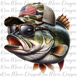 May include: A largemouth bass wearing a camouflage and American flag baseball cap and sunglasses. The fish has a green, brown, and orange color scheme.