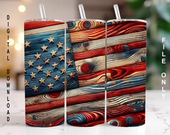 Rustikaler hölzerner Amerikanischer Flaggen-Pathopärischer 20-Unzen-dünner Becher-Sublimations-Entwurf Digitaler Download NUR PNG Rot-Weiß-Blaues Gänseblümchen Amerika