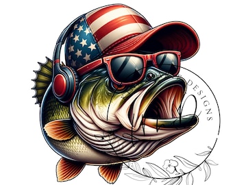 Gorra de bandera americana bajo con auriculares PNG Pesca de peces de colores Divertido verano Niños Sublimación Descarga DIGITAL instantánea Archivo POD Camiseta