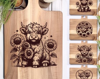 Highland Cow SVG Laser Engraving Bundle, Cutting Board SVG, Charcuterie Board, Floral Baby Cow Designs, Instant Download, PNG Files Included
