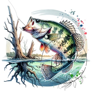 May include: A watercolor illustration of a largemouth bass jumping out of the water. The fish is green, brown, and black with a white belly. The background is a watercolor wash of blue, green, and pink. The fish is surrounded by water plants and a tree trunk.