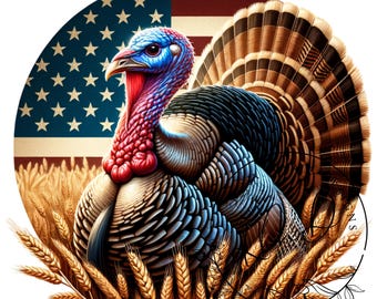May include: A colorful illustration of a turkey standing in a field of wheat with the American flag in the background.