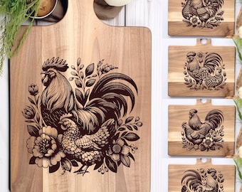Floral Chicken SVG Bundle for Laser Engraving - Rooster and Hen, Cutting Board, Charcuterie Designs, Instant Download, PNG Files Included