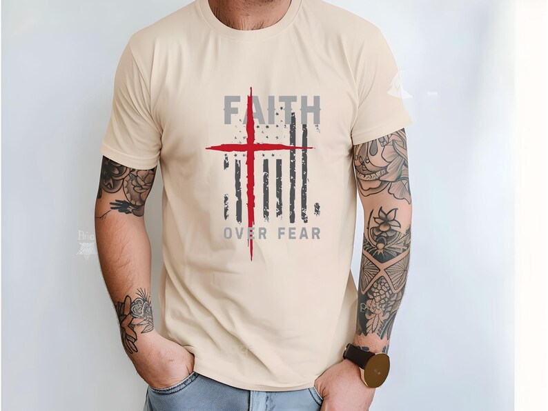 Diseño patriótico "La fe supera el miedo" (PNG, JPG), camiseta cristiana, descarga instantánea, diseño de cruz, PNG cristiano, diseños cristianos imagen 5