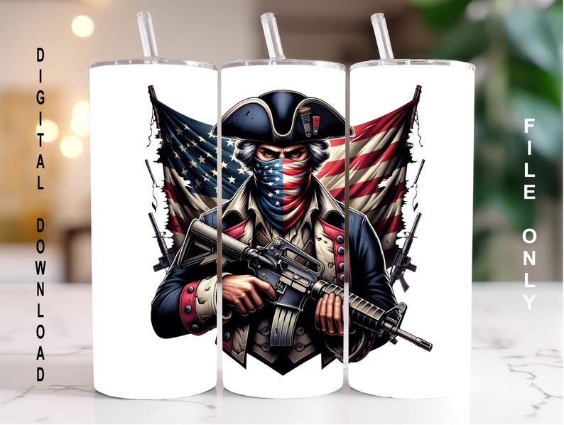 May include: A sublimation design featuring a man wearing a tri-corner hat and a bandana, holding a rifle. He is standing in front of a tattered American flag. The design is perfect for a tumbler or other sublimation projects.
