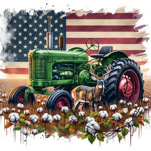 May include: A green tractor with a red tire is parked in a field of cotton. A white-tailed deer stands in front of the tractor. An American flag is in the background.