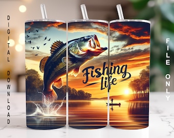 Fisherman Tumbler Wrap , Fishing Life Sublimation PNG Digital Download, 20oz Skinny Straight Tumbler Wrap JPG Bass Cup