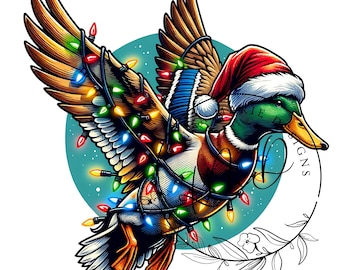 Flying Christmas duck PNG, Duck wrapped in Christmas lights png Christmas hunting shirt png Wood duck PNG, Christmas Hunter, Santa hat png