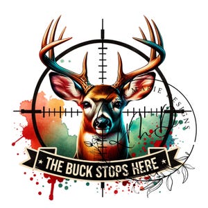 Op de afbeelding: Een aquarel-illustratie van een hertenkop in een richtkruis met een banner met de tekst "The Buck Stops Here".