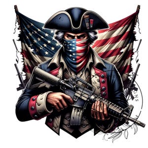 May include: A digital illustration of a person dressed as a revolutionary war soldier holding a rifle. The soldier is wearing a tri-cornered hat, a red, white, and blue bandana, and a blue jacket with gold buttons. The soldier is standing in front of a tattered American flag.