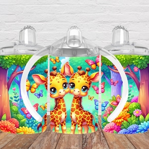 Baby Giraffes 12oz Kids Flip Top Sippy Cup Tumbler Wrap, 12oz Straight Tumbler Sublimation PNG, Childrens Boys Tumbler Wrap Download