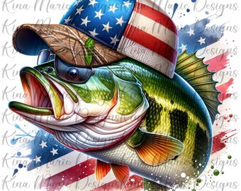 American Flag Bass Fishing PNG Colorful, Fish, Fishing, Funny, Patriotic, Summer Sublimation, Instant DIGITAL Download POD File T Shirt