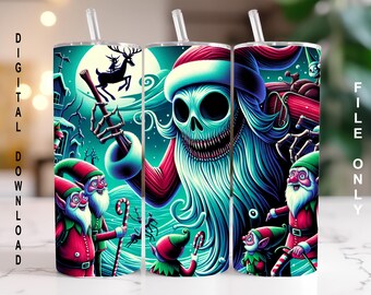 Weihnachtsbecher im NBK-Stil - 20 Unzen dünnes Sublimationsdesign PNG, Rentier, Elfen-Albtraum