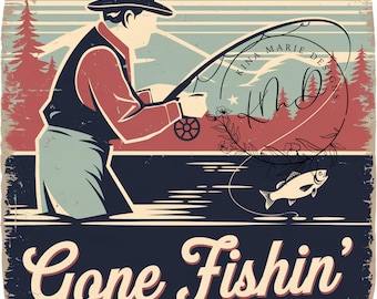 PNG vintage de "Gone Fishin'", PNG retro de "Pesca de peces", Diseño de sublimación de pesca, Diseño de camiseta de pesca, Descarga digital, Archivo Pod, Diseño DTF