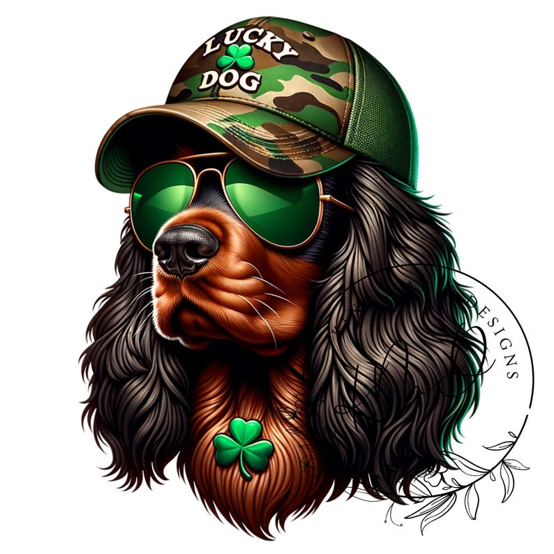 May include: A brown and black Cocker Spaniel dog wearing a green camouflage baseball cap with the text "LUCKY DOG" and green sunglasses. The dog has a green shamrock on its neck.