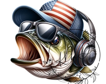 Gorra de bandera americana bajo con auriculares PNG Pesca de peces de colores Divertido verano Niños Sublimación Descarga DIGITAL instantánea Archivo POD Camiseta