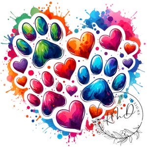 Colorful Paw Prints PNG, Sublimation Design, Heart PNG, Dog Lover PNG, Dog Mom Png, T Shirt Design, Digital Download, Watercolor Png, Puppy