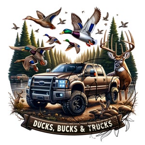 May include: A brown pickup truck with a large chrome grill and off-road tires is parked in a forest setting. A large buck with antlers stands behind the truck. The scene is surrounded by a banner that reads "Ducks, Bucks & Trucks".