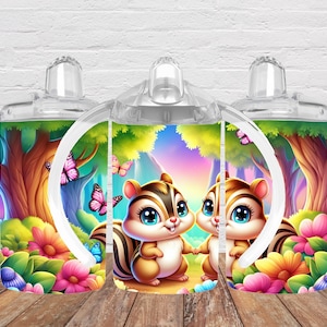 Baby Chipmunks 12oz Kids Flip Top Sippy Cup Tumbler Wrap, 12oz Straight Tumbler Sublimation PNG, Childrens Boys Tumbler Wrap Download