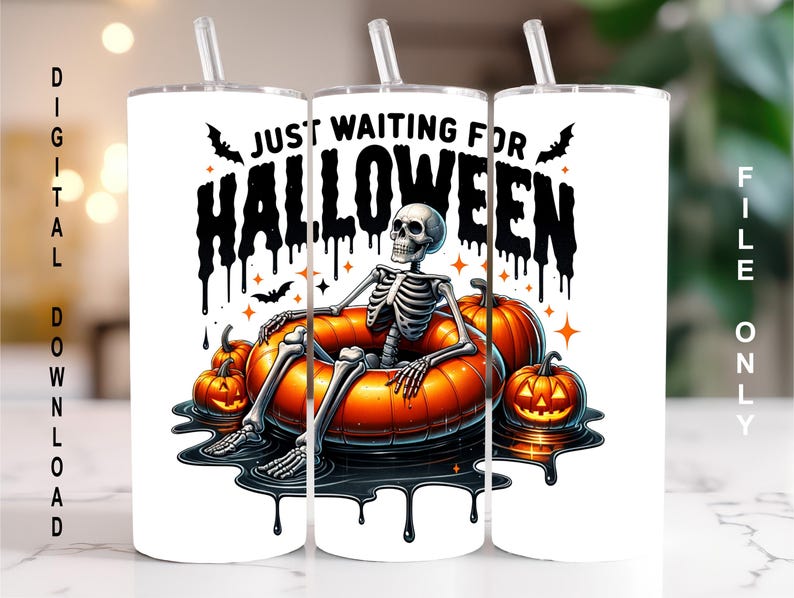 May include: White tumbler with a black and white illustration of a skeleton sitting in a floating orange ring with pumpkins around it. The text "Just Waiting For Halloween" is written in black dripping letters.