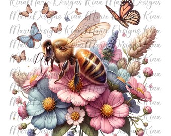 Pastel Floral Honey Bee Clipart Shirt Sublimation Design Digital Download PNG Instant DIGITAL ONLY, Glass Jar png Design, Tshirt Design dtf