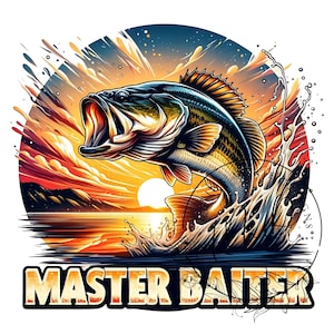 Könnte beinhalten: Ein großer Barsch springt aus dem Wasser, mit offenem Maul, vor einem Sonnenuntergangs-Hintergrund. Das Wasser spritzt und der Fisch ist vor dem orangefarbenen und gelben Himmel silhouettiert. Der Text "MASTER BAITER" befindet sich am unteren Rand des Bildes.