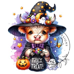 Cute Highland Cow Halloween Design - Trick or Treat - Highland Cow Witch - Spooky Season - Digital Download - Jack-O-Lantern - Ghost