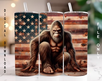 Bigfoot with Wooden American Flag theme, 20 Oz Skinny Straight Sublimation Tumbler Wrap Digital Design, PNG File Download