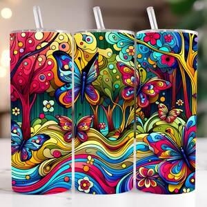 May include: A colorful, abstract design with butterflies and trees on a tumbler. The design features a variety of colors, including red, blue, green, yellow, and purple.