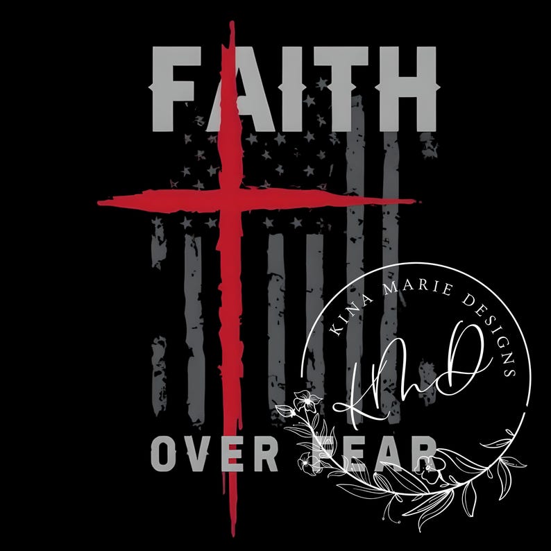 Diseño patriótico "La fe supera el miedo" (PNG, JPG), camiseta cristiana, descarga instantánea, diseño de cruz, PNG cristiano, diseños cristianos imagen 1