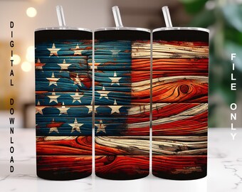Rustikaler hölzerner Amerikanischer Flaggen-Pathopärischer 20-Unzen-dünner Becher-Sublimations-Entwurf Digitaler Download NUR PNG Rot-Weiß-Blaues Gänseblümchen Amerika