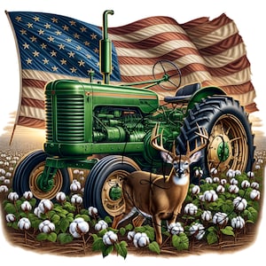 May include: A green tractor with a deer standing in front of it. The tractor is in a field of cotton with an American flag waving in the background.