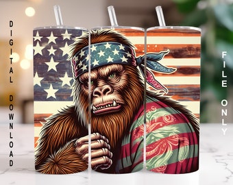 Bigfoot with Bandana and an American Flag theme, 20 Oz Skinny Straight Sublimation Tumbler Wrap Digital Design, PNG File Download