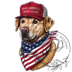 May include: A yellow Labrador Retriever wearing a red, white, and blue bandana and a red baseball cap with the text "MAKE AMERICA GREAT AGAIN".