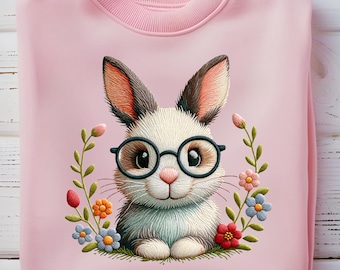 Floral Easter Bunny PNG, Faux Embroidery Girly, Vintage Happy Easter PNG, Funny Easter Bunny Sunglasses, Easter Holiday Sublimation Designs